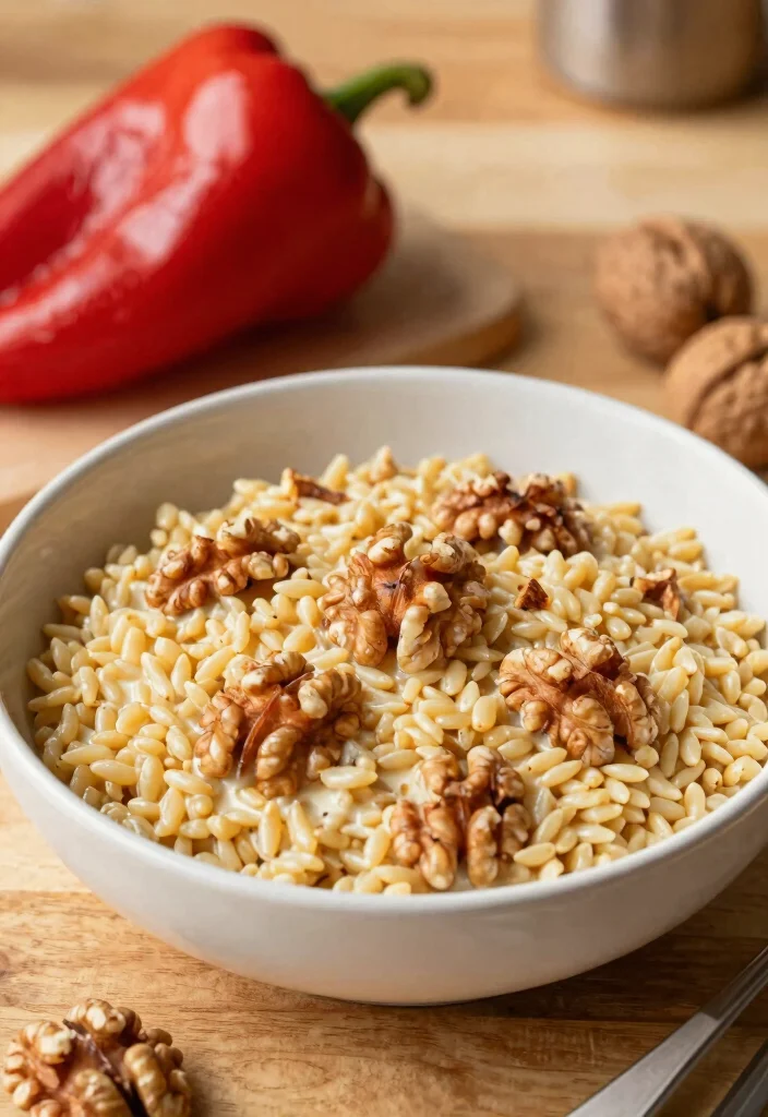 10 Vegan Orzo Recipes for Easy Mediterranean Style Meals 34 10 Vegan Orzo Recipes for Easy Mediterranean Style Meals 4. Roasted Red Pepper and Walnut Orzo 0